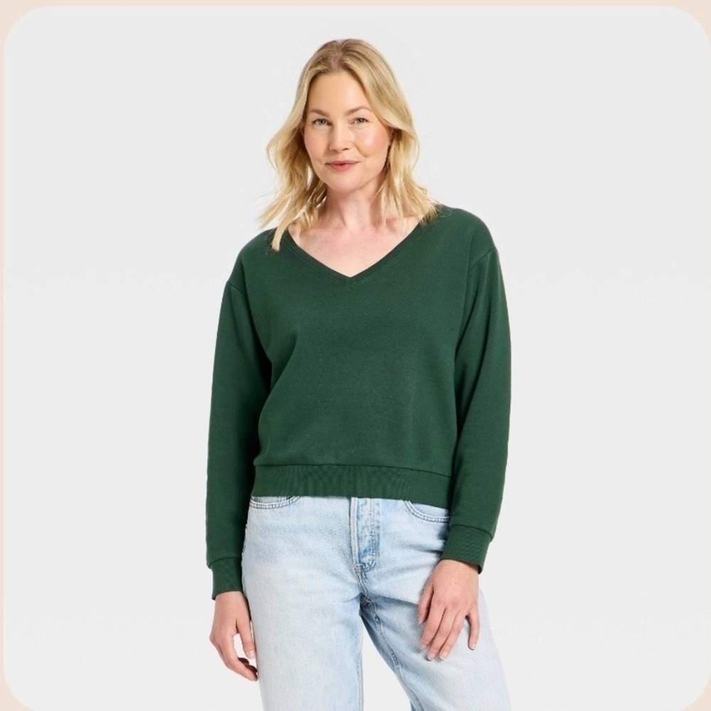 Universal Thread Womens V-Neck Sweatshirt Dark Green Relaxed Pullover XS